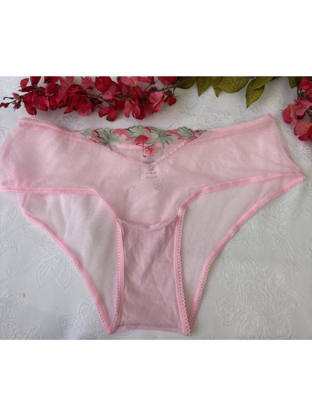 PINK VICTORIA'S SECRET EMBROIDERED FLAMINGO POLKA DOT CHEEKY SUMMER PANTIES NWT